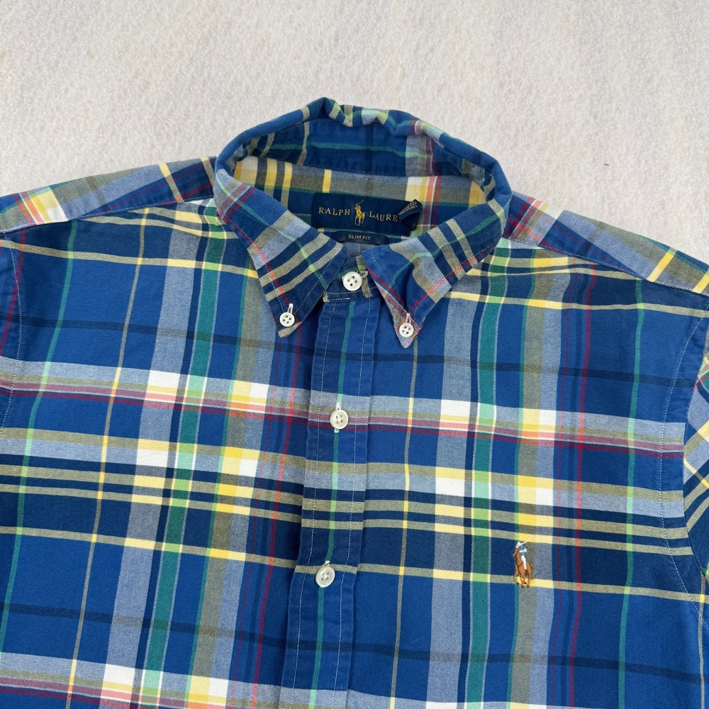 Ralph Lauren Slim Fit Mens M Oxford Short Sleeve Button Down Blue Plaid Preppy